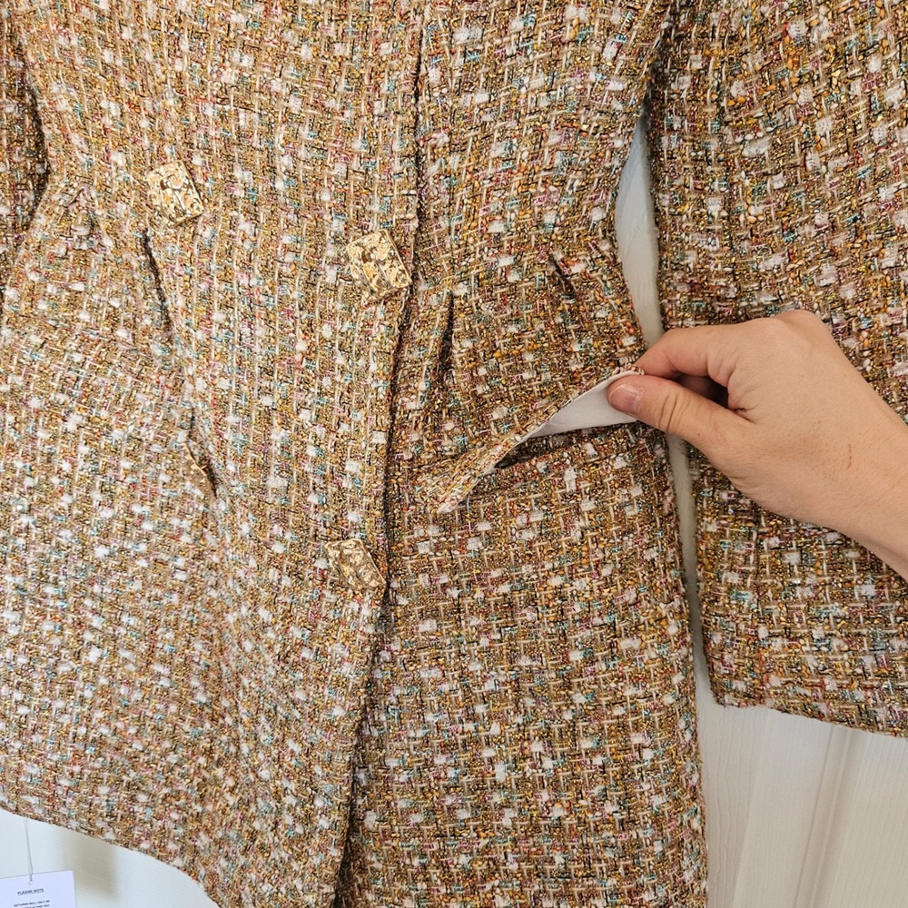 Self Portrait Gold Tinsel Boucle Off Shoulder Mini Dress US 2 UK 6 NEW Regal - Picture 7 of 12